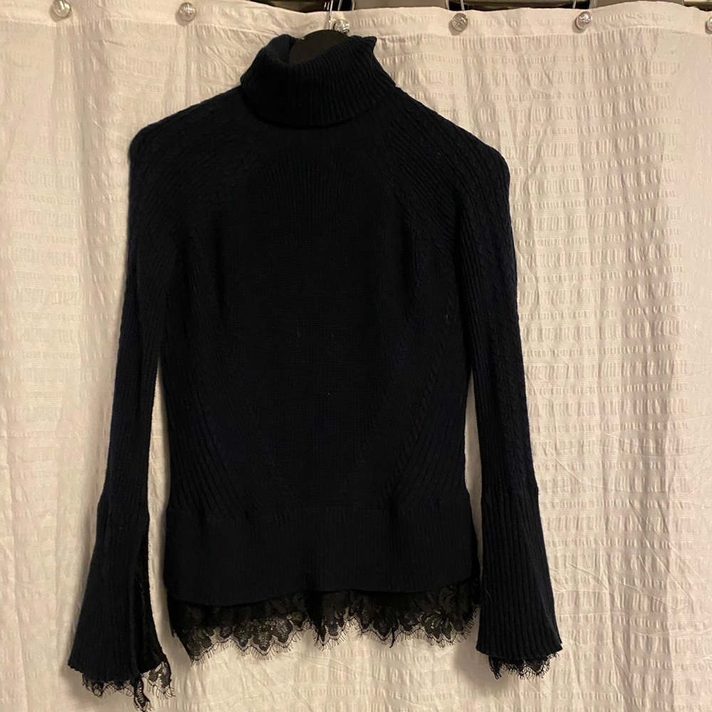 💚Banana Republic x Olivia palmero | Knit turtle neck sweater - blue w/lace trim